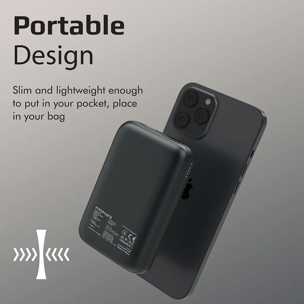 Picture of Promate 10000mAh Magnetic Wireless Power Bank Powerbank 15W Wireless 22.5W QC3 Output 20W Power Delivery (Black)