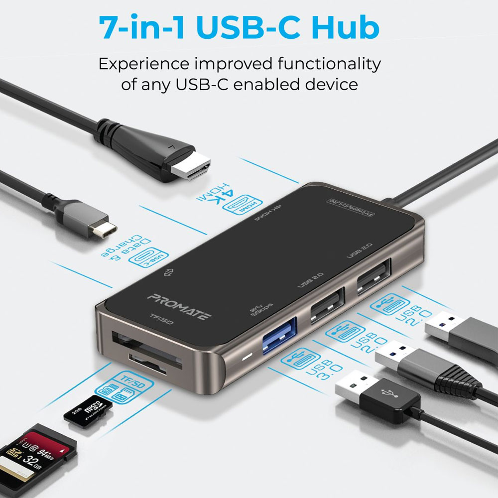 Picture of Promate 7 in 1 USB-C™ Hub with 4K HDMI Micro SD Card Reader Slot 3 USB Ports Sync Charge USB-C™ Port PrimeHub-Lite