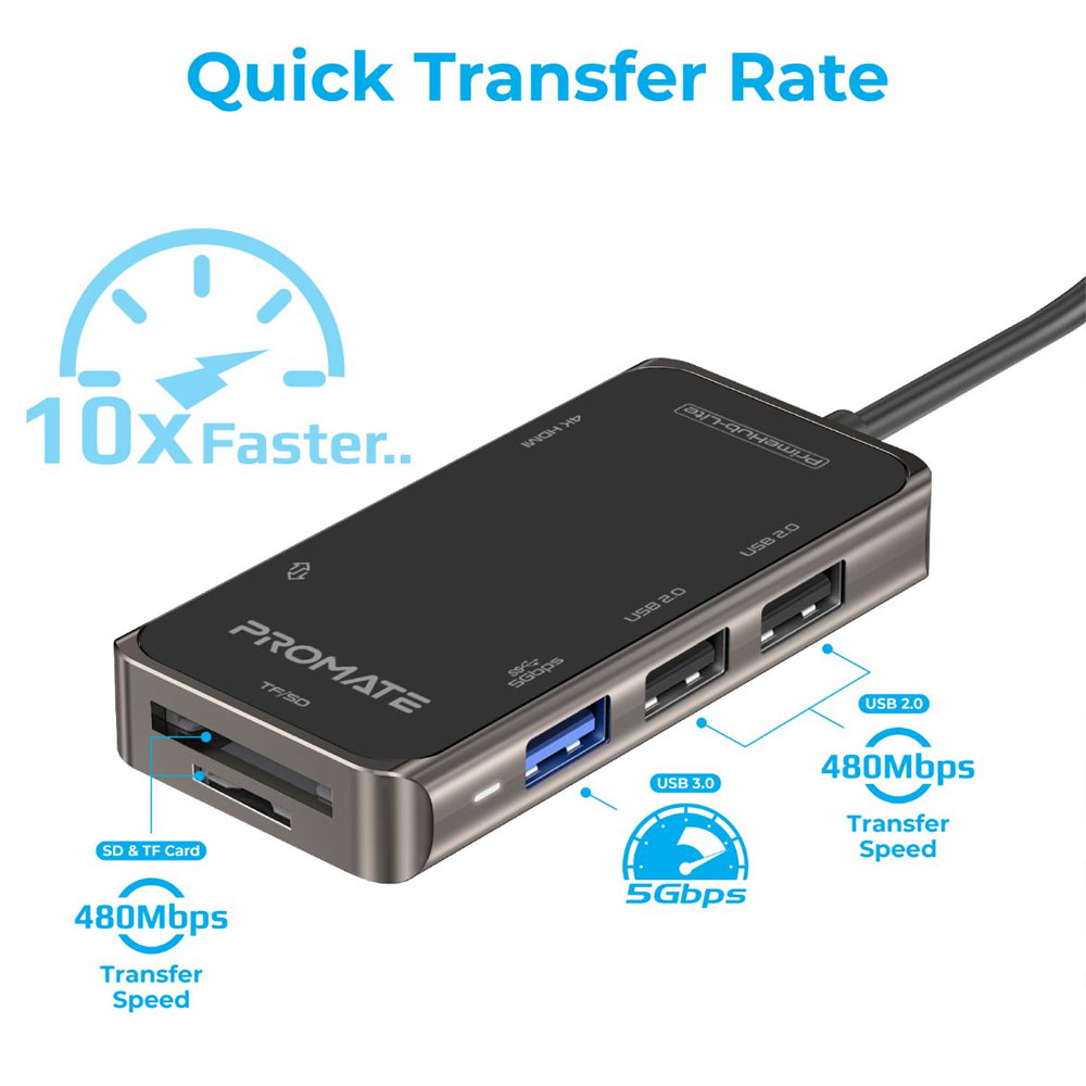 Picture of Promate 7 in 1 USB-C™ Hub with 4K HDMI Micro SD Card Reader Slot 3 USB Ports Sync Charge USB-C™ Port PrimeHub-Lite