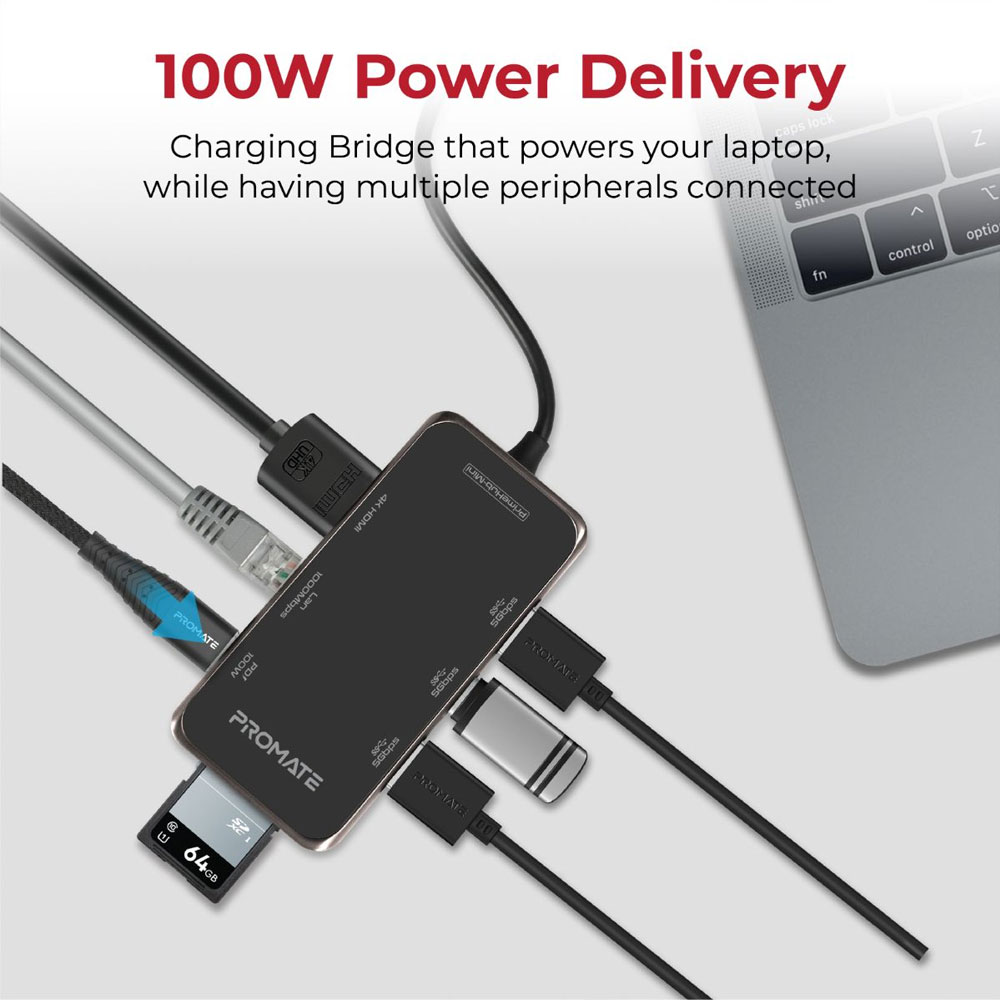 Picture of Promate USB-C™ Hub to 4K HDMI 100W Power Delivery RJ45 Lan Ethernet Port 3 USB 3.0 Ports Micro SD Slot PrimeHub-Mini