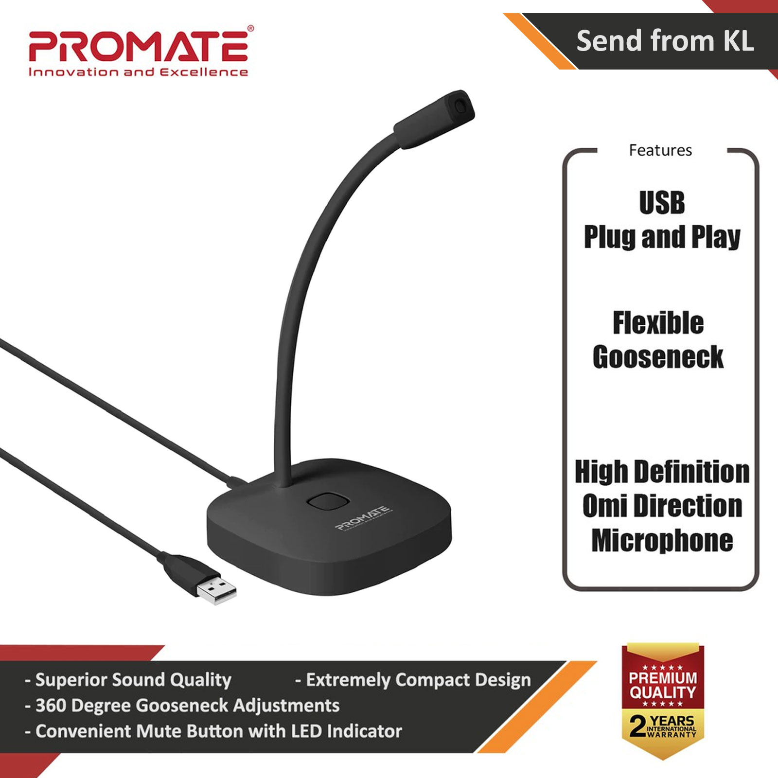 Picture of Promate USB Desktop Microphone, High Definition Omni-Directional USB Microphone with Flexible Gooseneck, Mute Touch Button, LED Indicator and Built-In Anti-Tangle Cord for PC, Laptop, Recording, Gaming, ProMic-1 Red Design- Red Design Cases, Red Design Covers, iPad Cases and a wide selection of Red Design Accessories in Malaysia, Sabah, Sarawak and Singapore 