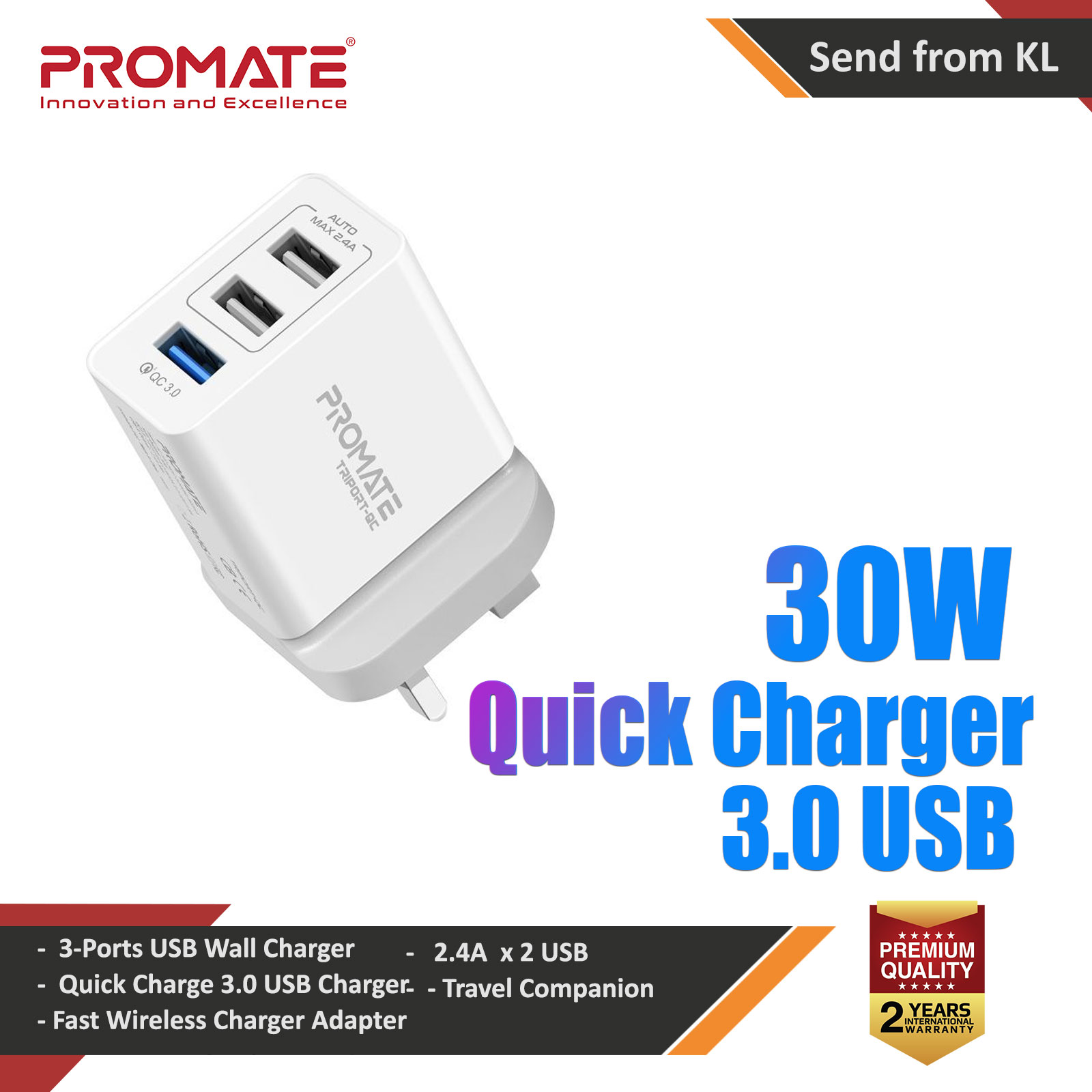 Picture of Promate Quick Charger 3.0 USB Wall Charger Heavy Duty 3 Port 30W Wall Adapter with Fast Charge Qualcomm QC 3.0 Port 2.4A Dual USB Port and Automatic Voltage Regulation for Smartphones Tablets TriPort-QC (White) Red Design- Red Design Cases, Red Design Covers, iPad Cases and a wide selection of Red Design Accessories in Malaysia, Sabah, Sarawak and Singapore 