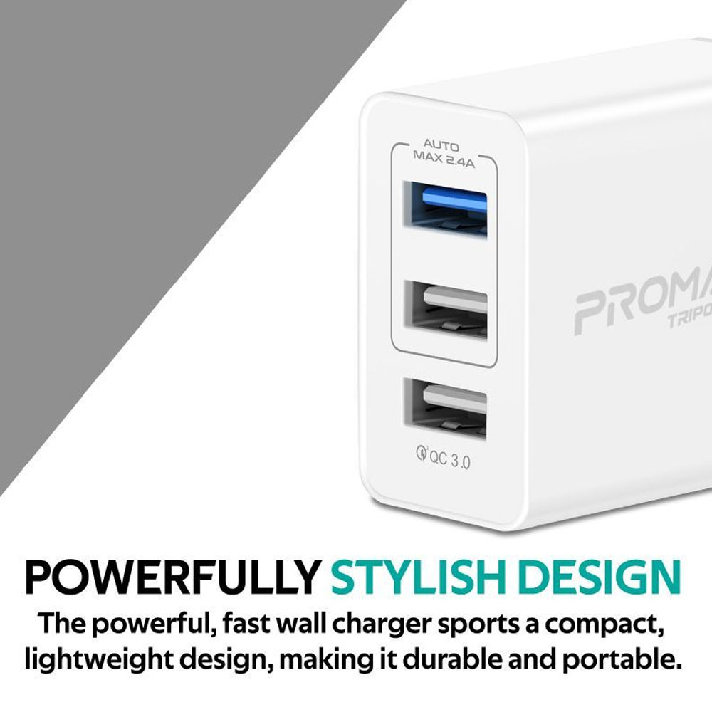 Picture of Promate Quick Charger 3.0 USB Wall Charger Heavy Duty 3 Port 30W Wall Adapter with Fast Charge Qualcomm QC 3.0 Port 2.4A Dual USB Port and Automatic Voltage Regulation for Smartphones Tablets TriPort-QC (White)