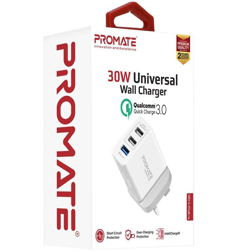 Picture of Promate Quick Charger 3.0 USB Wall Charger Heavy Duty 3 Port 30W Wall Adapter with Fast Charge Qualcomm QC 3.0 Port 2.4A Dual USB Port and Automatic Voltage Regulation for Smartphones Tablets TriPort-QC (White)