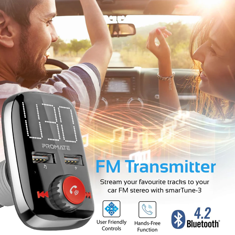 Picture of Promate Wireless FM Transmitter In-Car Bluetooth V4.2 FM Transmitter Car Kit with Smart LED Display 3.4A Dual USB Port Car Charger AUX Input Micro-SD Card Slot Remote Control and Hands-Free Calling for Smartphones Tablet MP3 - SmarTune-3