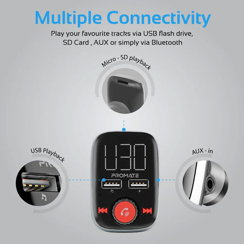 Picture of Promate Wireless FM Transmitter In-Car Bluetooth V4.2 FM Transmitter Car Kit with Smart LED Display 3.4A Dual USB Port Car Charger AUX Input Micro-SD Card Slot Remote Control and Hands-Free Calling for Smartphones Tablet MP3 - SmarTune-3