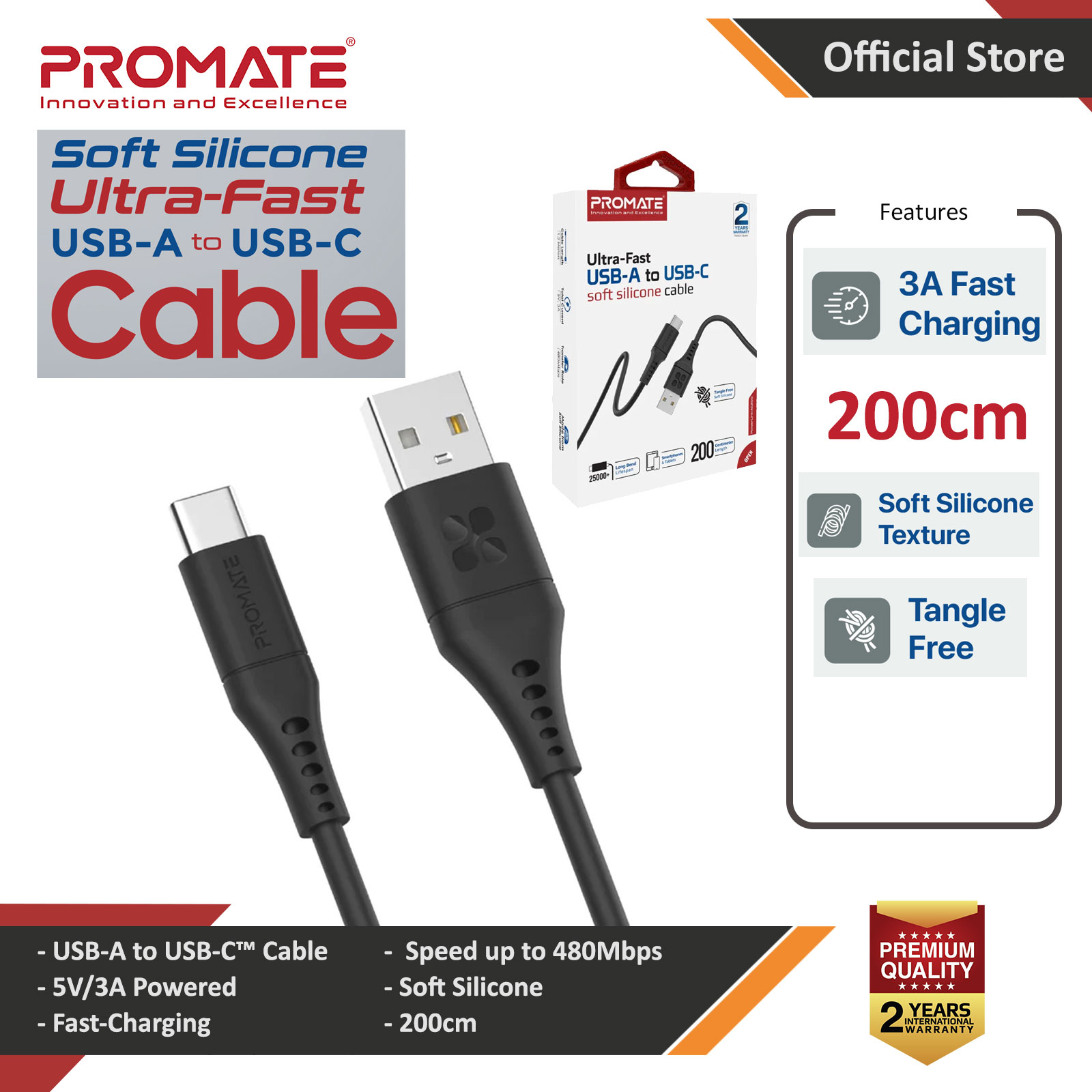 Picture of Promate 200cm USB to USB-C Cable with Anti Tangle Silicone Wir 3A Charge and 480 Mbps Data Sync PowerLink-AC200 (Black) Red Design- Red Design Cases, Red Design Covers, iPad Cases and a wide selection of Red Design Accessories in Malaysia, Sabah, Sarawak and Singapore 