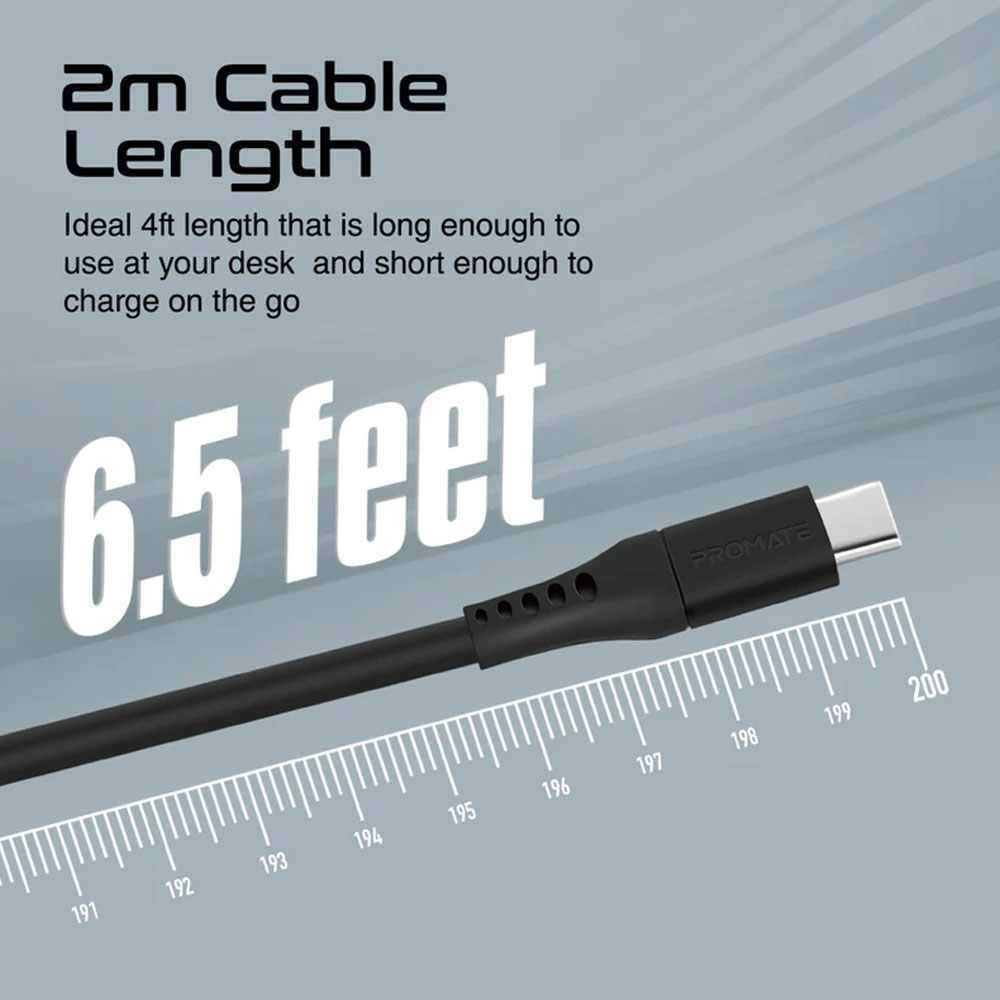 Picture of Promate 200cm USB to USB-C Cable with Anti Tangle Silicone Wir 3A Charge and 480 Mbps Data Sync PowerLink-AC200 (Black)