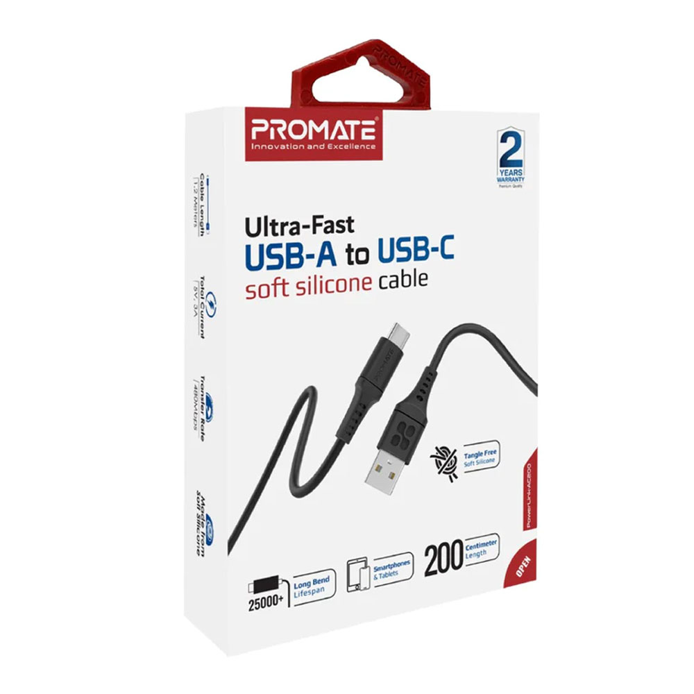 Picture of Promate 200cm USB to USB-C Cable with Anti Tangle Silicone Wir 3A Charge and 480 Mbps Data Sync PowerLink-AC200 (Black)