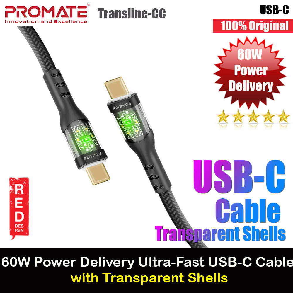 Picture of Promate TransLine-CC 60W Power Delivery USB Type-C™ Cable Transparent Shells with LED lights USB-C™ to USB-C™ Cable (Black) Samsung Galaxy Z Flip 5- Samsung Galaxy Z Flip 5 Cases, Samsung Galaxy Z Flip 5 Covers, iPad Cases and a wide selection of Samsung Galaxy Z Flip 5 Accessories in Malaysia, Sabah, Sarawak and Singapore 