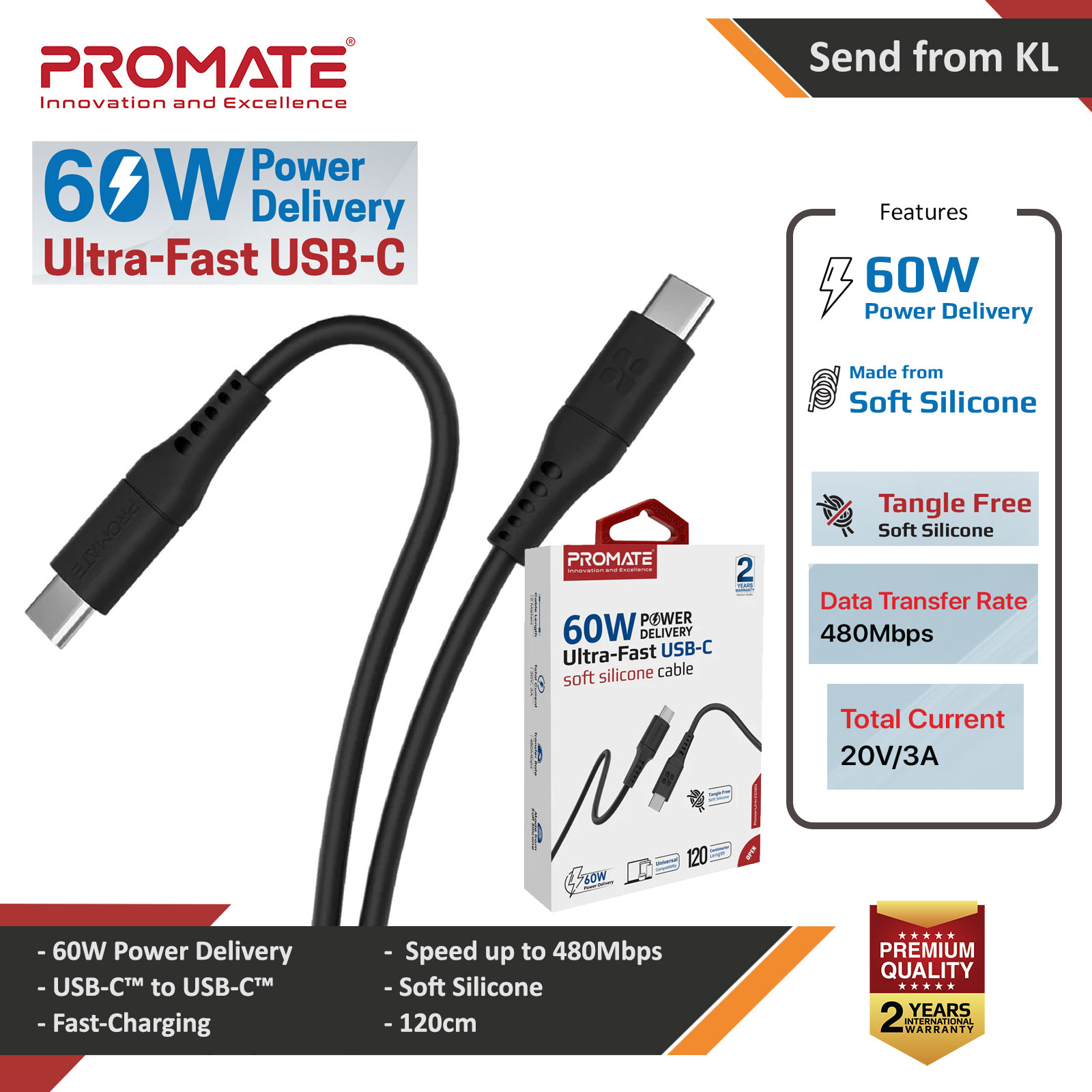 Picture of Promate USB-C Cable Ultra-Fast 60W Power Delivery Type-C Charging Cable with 480Mbps Sync Charge for Smartphone Tablet  PowerLink-CC120 (Black) Red Design- Red Design Cases, Red Design Covers, iPad Cases and a wide selection of Red Design Accessories in Malaysia, Sabah, Sarawak and Singapore 