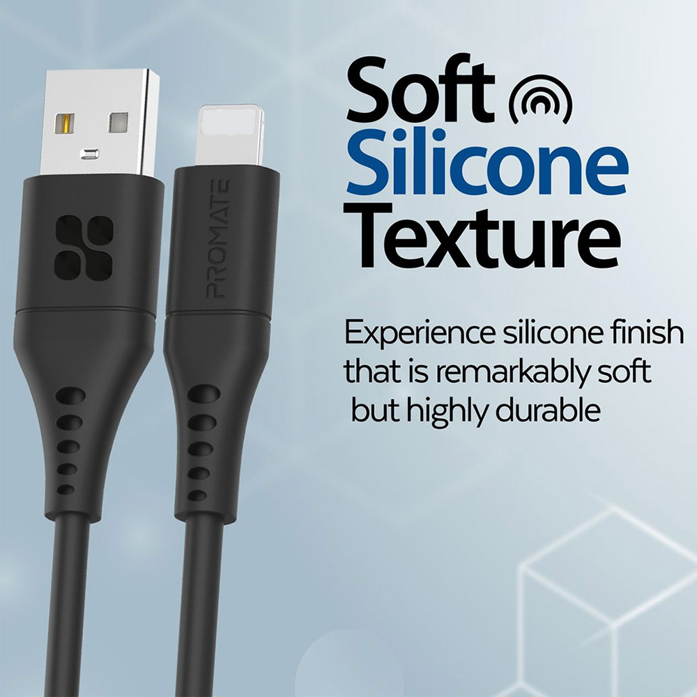 Picture of Promate USB A to Lightning 2.4A Fast Charging Soft Silicone Cable for iPhone 13 Pro Max IPad Airpods Pro PowerLink-Ai120 (Black)