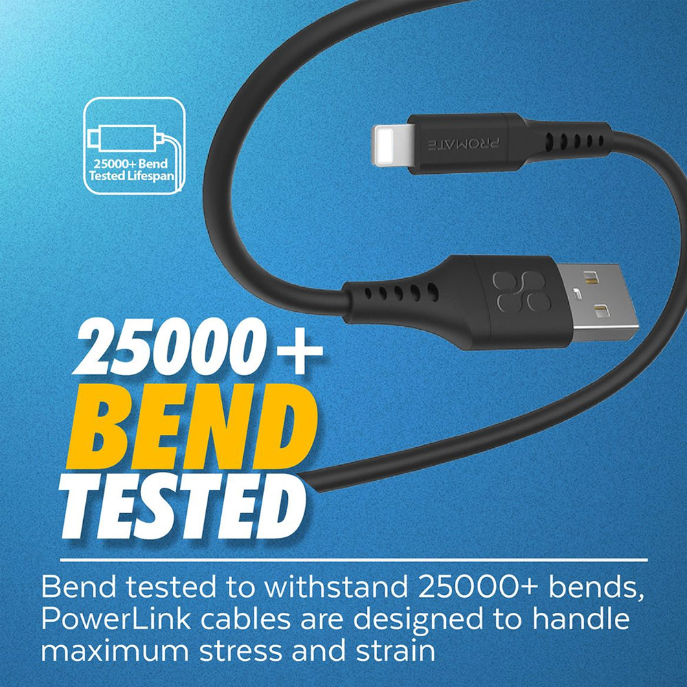 Picture of Promate USB A to Lightning 2.4A Fast Charging Soft Silicone Cable for iPhone 13 Pro Max IPad Airpods Pro PowerLink-Ai120 (Black)