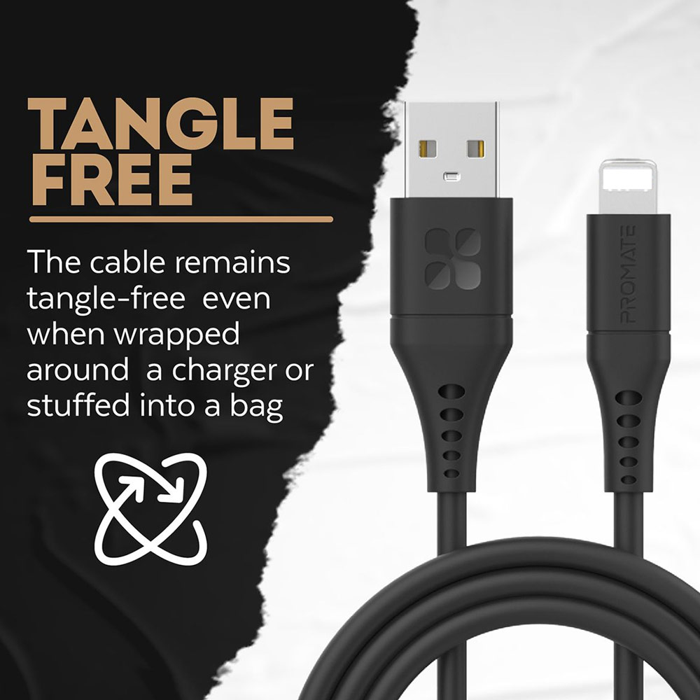 Picture of Promate USB A to Lightning 2.4A Fast Charging Soft Silicone Cable for iPhone 13 Pro Max IPad Airpods Pro PowerLink-Ai120 (Black)