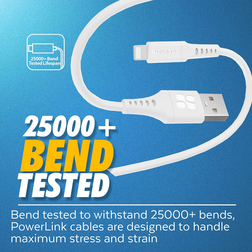 Picture of Promate USB A to Lightning 2.4A Fast Charging Soft Silicone Cable for iPhone 13 Pro Max IPad Airpods Pro PowerLink-Ai120 (White)