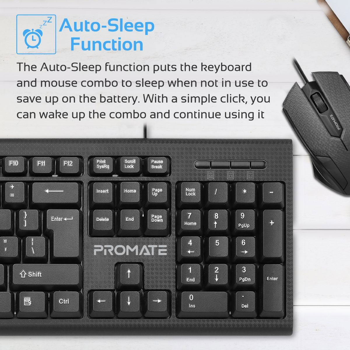 Picture of Promate USB Wired Keyboard and Mouse Combo, Ergonomic Full-Sized Silent Keys Keyboard with 1200Dpi Optical Sensor USB Mouse and Precision Tracking Desktop PC Windows Mac iOS Laptops Combo-KM1