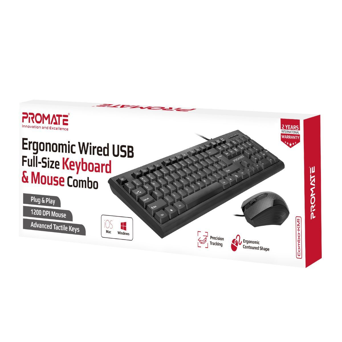 Picture of Promate USB Wired Keyboard and Mouse Combo, Ergonomic Full-Sized Silent Keys Keyboard with 1200Dpi Optical Sensor USB Mouse and Precision Tracking Desktop PC Windows Mac iOS Laptops Combo-KM1