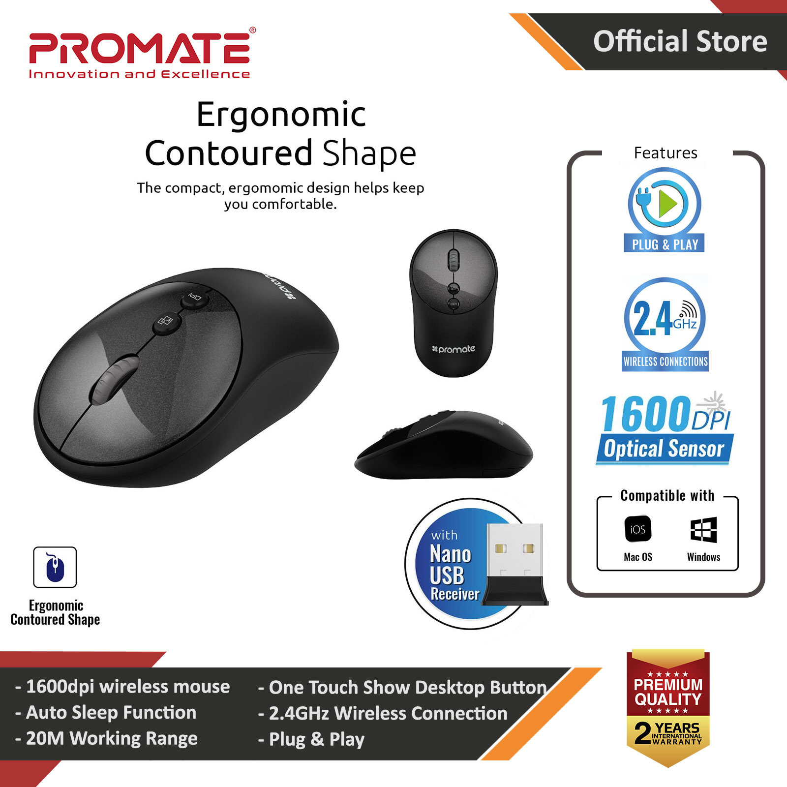 Picture of Promate Wireless Mouse Lightweight 2.4Ghz Wireless Optical Mouse with USB Nano Receiver for PC Laptop Tablet Mac Clix-2 Red Design- Red Design Cases, Red Design Covers, iPad Cases and a wide selection of Red Design Accessories in Malaysia, Sabah, Sarawak and Singapore 