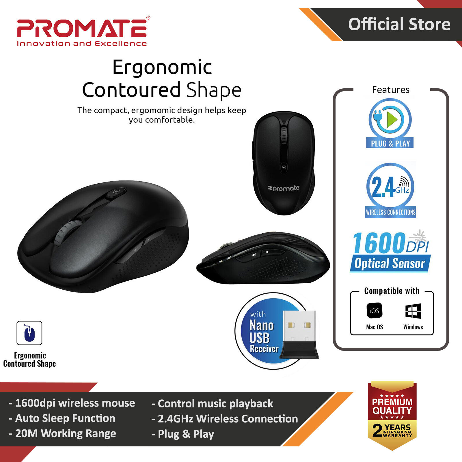 Picture of Promate Clix-4 Wireless Mouse 2.4Ghz Ergonomic Wireless Optical Mouse 20m Working Range for PC Laptop Tablet Mac Red Design- Red Design Cases, Red Design Covers, iPad Cases and a wide selection of Red Design Accessories in Malaysia, Sabah, Sarawak and Singapore 