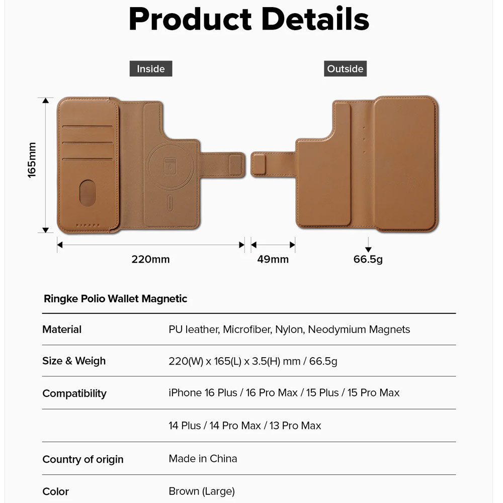 Picture of Apple iPhone 15 Plus 6.7  | Ringke Folio Grip Wallet Magnetic Flip Cover Card Holder for iPhone 16 Pro Max iPhone 16 Plus (Brown)