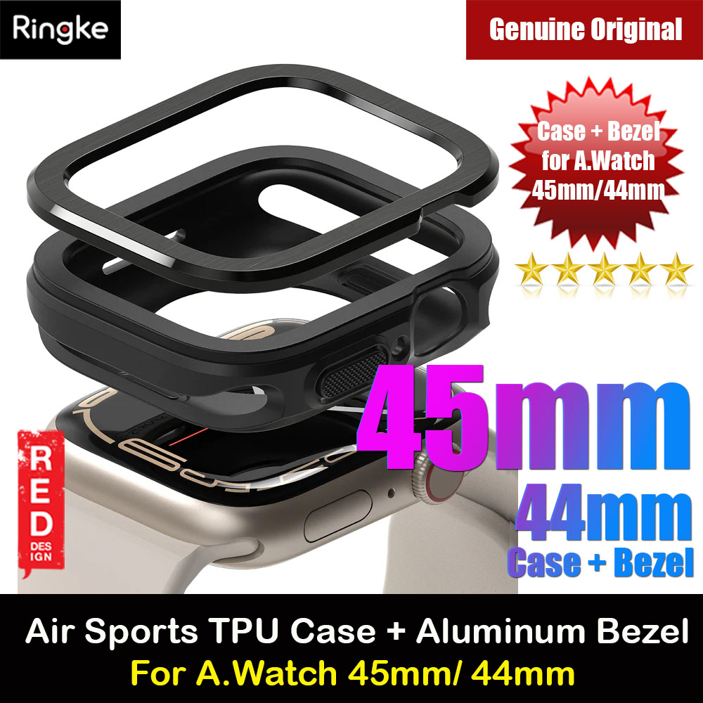 Picture of Apple Watch 45mm Case | Ringke Air Sports Soft Bumper Case and Aluminum Bezel for Apple Watch 45mm 44mm Case and Bezel (Black Black)