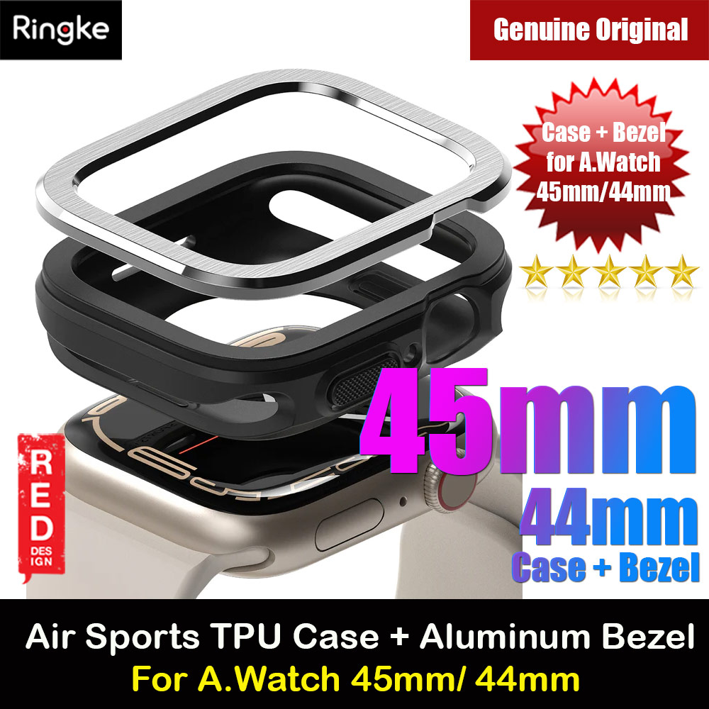 Picture of Apple Watch 45mm Case | Ringke Air Sports Soft Bumper Case and Aluminum Bezel for Apple Watch 45mm 44mm Case and Bezel (Black Silver)