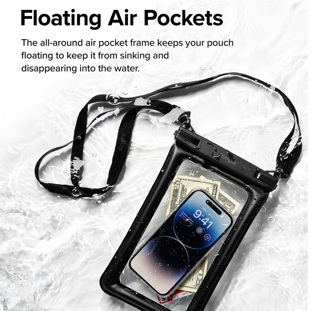 Picture of Ringke IP8X Air Pocket Floating Waterproof Pouch Transparent Storage Bag with Strap for Smartphone (Black)