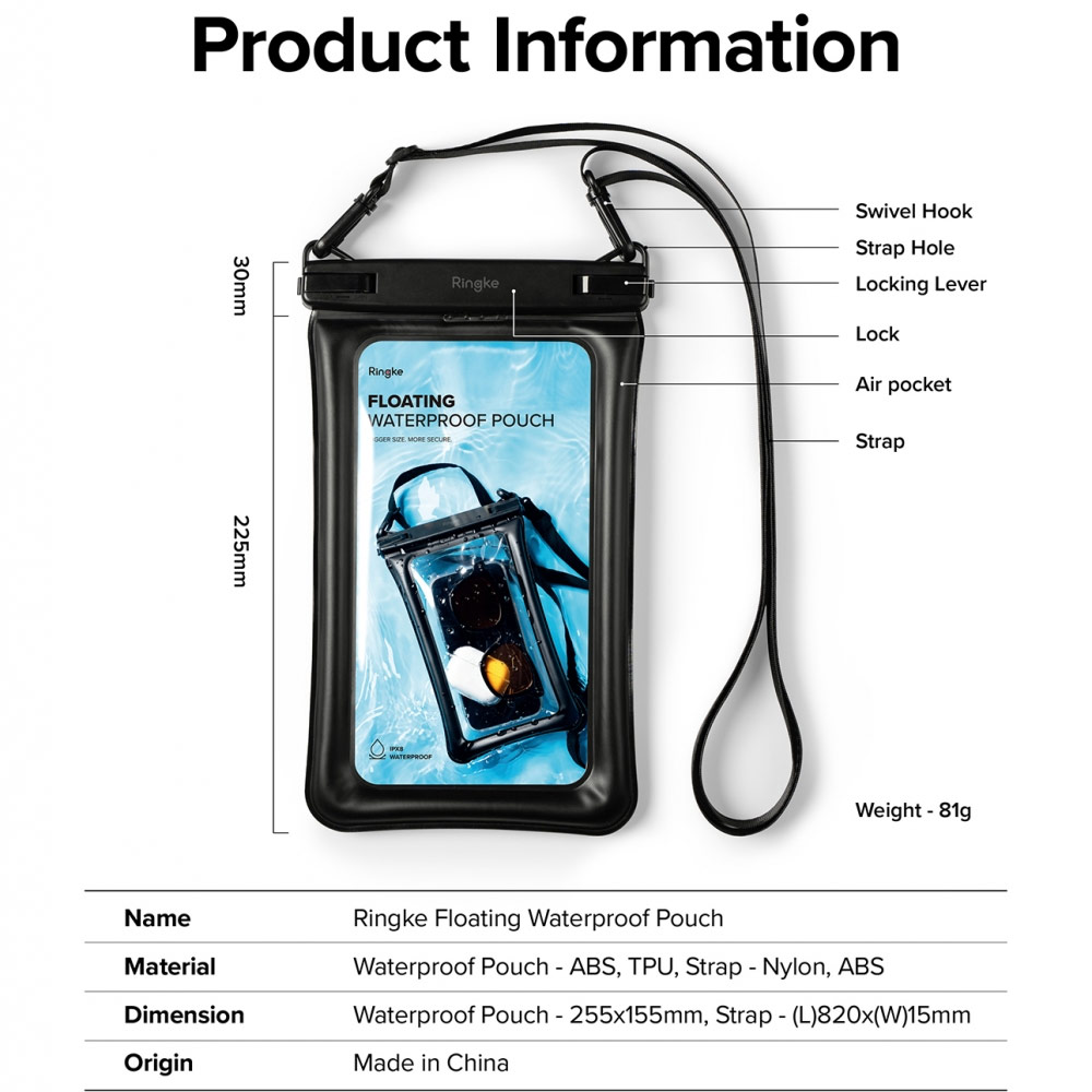 Picture of Ringke IP8X Air Pocket Floating Waterproof Pouch Transparent Storage Bag with Strap for Smartphone (Black)