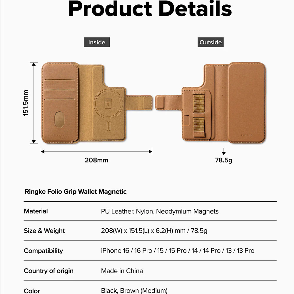 Picture of Apple iPhone 15 6.1  | Ringke Folio Grip Wallet Magnetic Flip Cover Card Holder for iPhone 16 Pro iPhone 16  (Brown)
