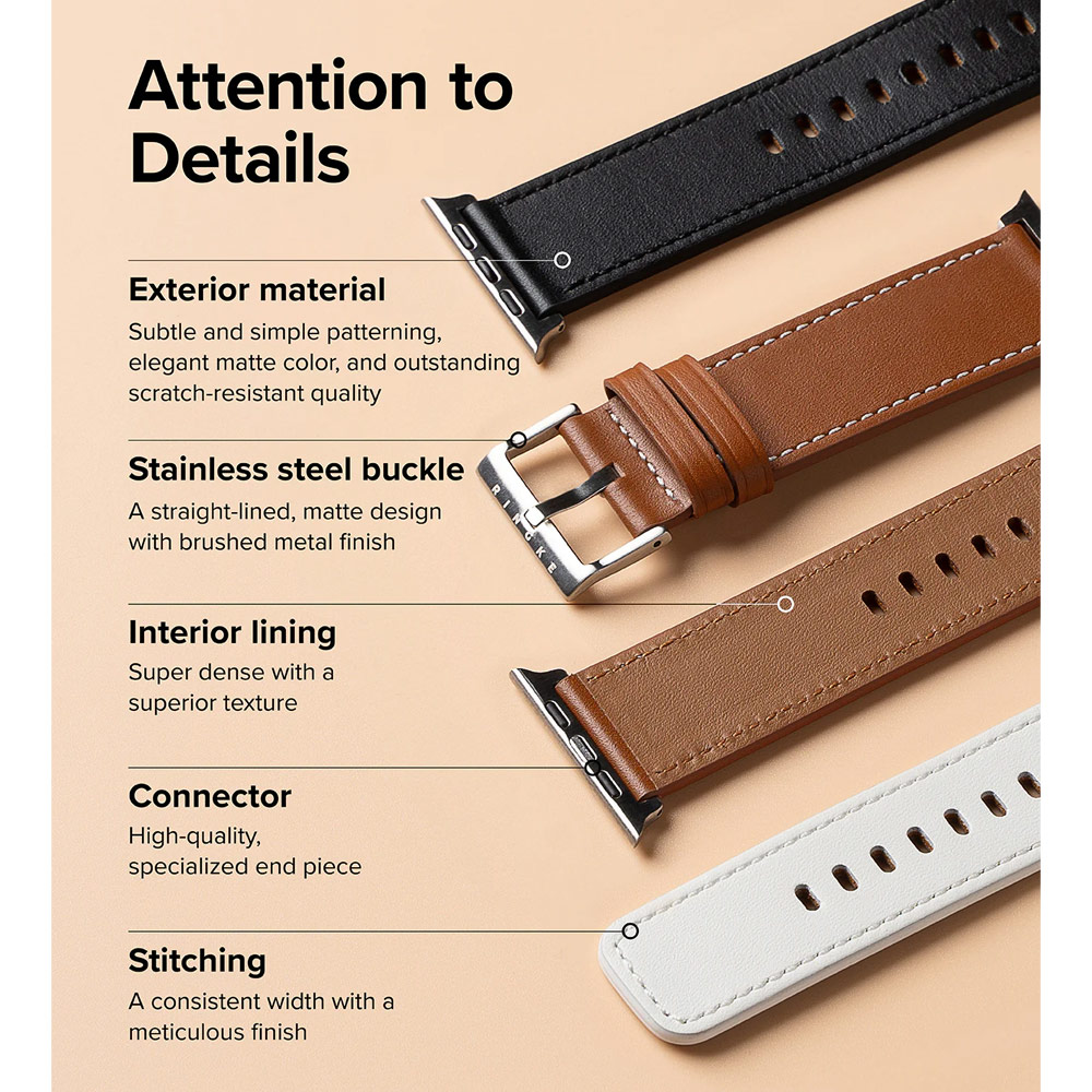 Picture of Apple Watch 42mm  | Ringke Genuine Leather One Basic Bold Strap for Apple Watch Series 4 5 6 8 9 42mm 44mm 45mm Ultra 49mm (White)