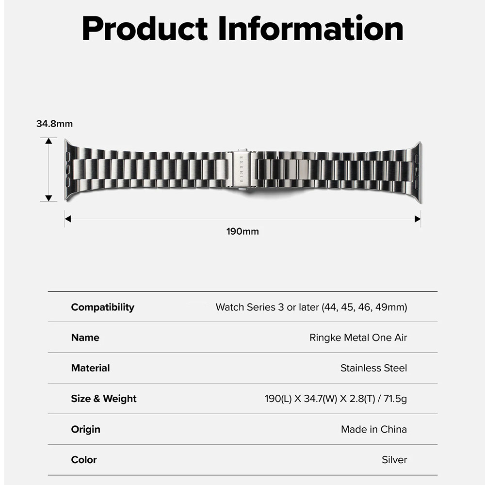 Picture of Apple Watch 10 46mm  | Ringke Stainless Steel Metal One Air Band Strap for Apple Watch Series 4 5 6 8 42mm 44mm 45mm 46mm 49mm Ultra (Silver)