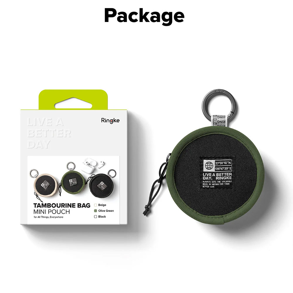 Picture of Ringke Mini Pouch Tambourine Bag with high quality YKK zipper closure with strap with Carabiner for Small Gadgets (Olive Green)