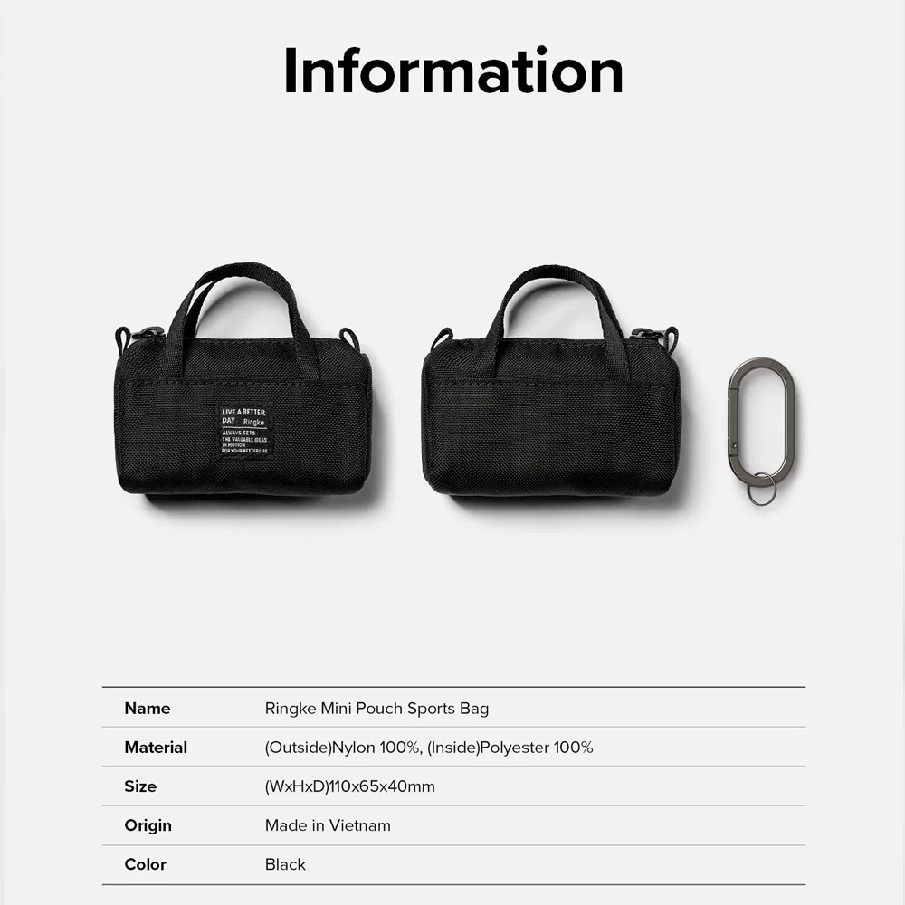 Picture of Ringke Mini Pouch Sport Bag Miniature with Zipper Closure with Carabiner for Small Gadgets (Black)