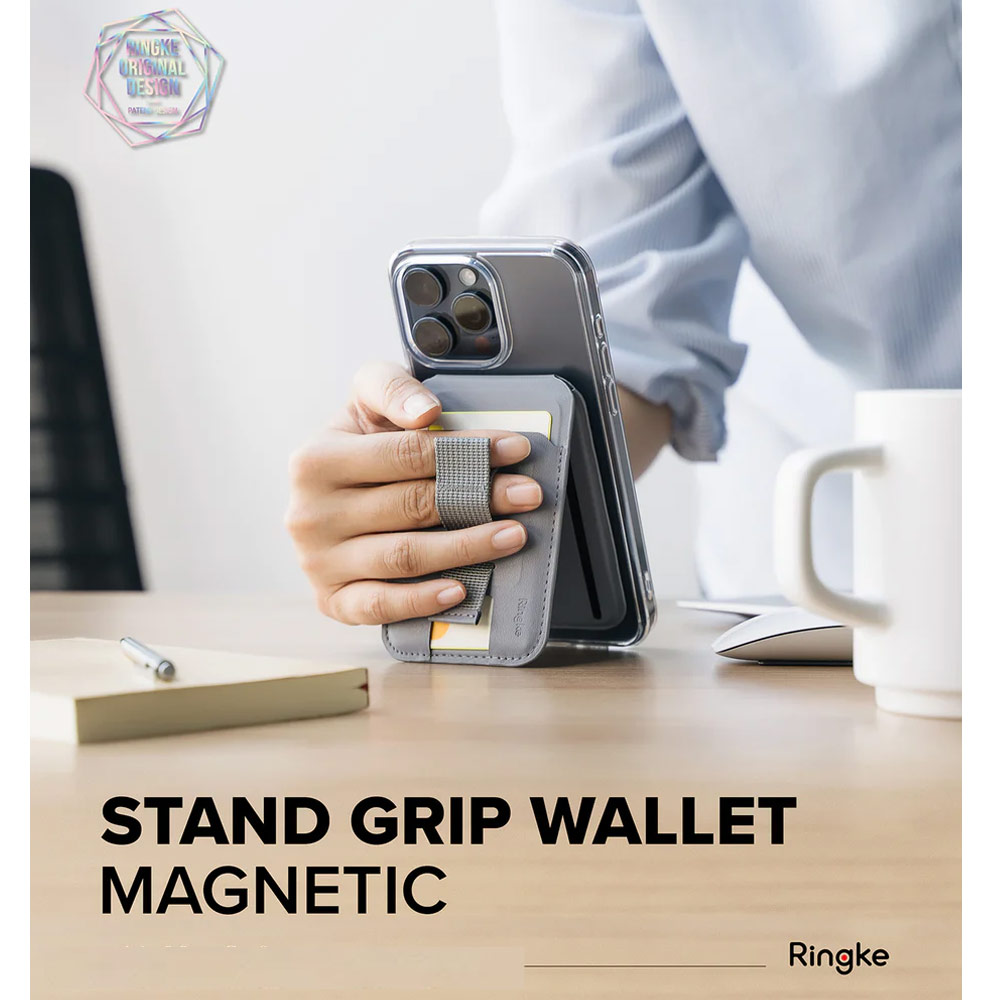 Picture of Ringke Magnetic Card Holder Wallet with Stand Grip Horizontal Vertical (Light Grey)