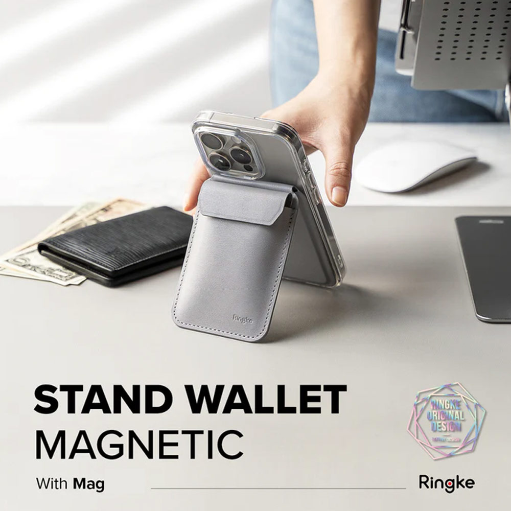 Picture of Apple iPhone 13 6.1  | Ringke Snap Magnetic Stand Wallet Magnetic Stand for iPhone 14 iPhone 15 Pro Max Card Holder Phone Stand (Light Gray)