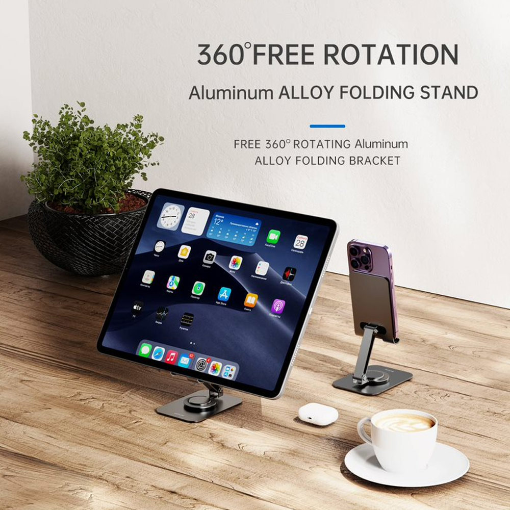 Picture of Rock Universal Rotatable Foldable Aluminum Phone Tablets Stand for iPad iPad Air iPad Pro iPhone 15 Pro Max (Gray)