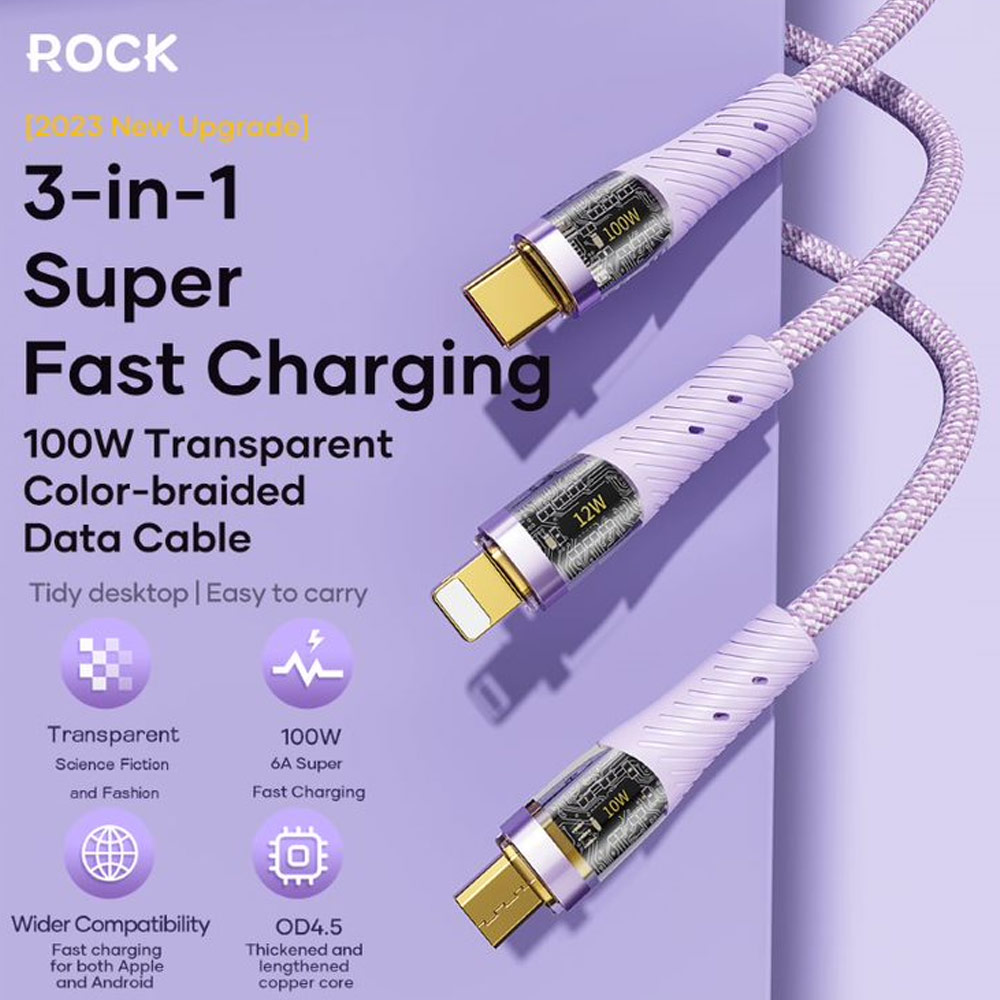 Picture of ROCK G20 3 in 1 USB Cable 100W Fast Charging Type C Micro PD Lightning Cable For iPhone  Xiaomi Samsung VOOC OPPO OnePlus Realme Fast Charge (Black)