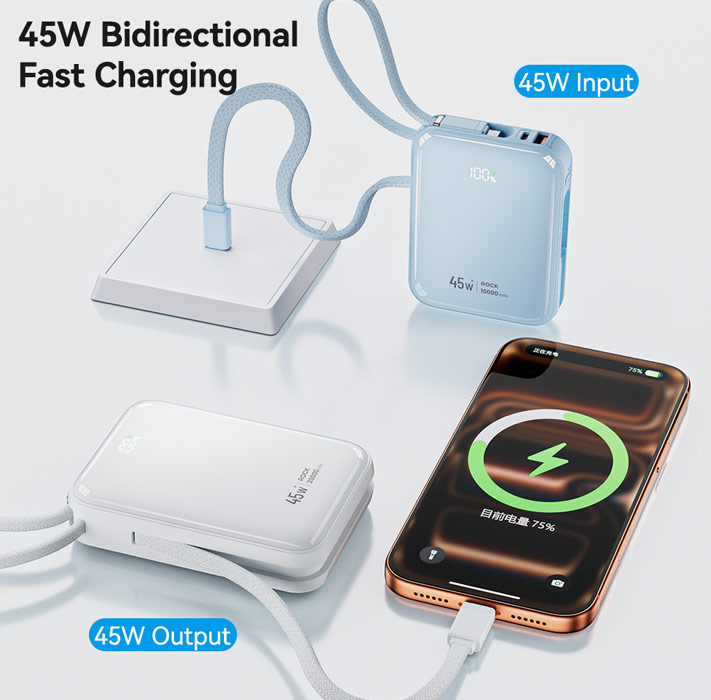 Picture of ROCK Interstellar CCC Certified 45W Power Bank with Built-in Cables 20000mAh Travel Portable Small Palm Size Compact Mini Power Bank powerbank with Multiple Built in Cable USB C USB L (White)