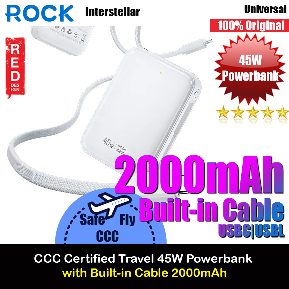 Picture of ROCK Interstellar CCC Certified 45W Power Bank with Built-in Cables 20000mAh Travel Portable Small Palm Size Compact Mini Power Bank powerbank with Multiple Built in Cable USB C USB L (White) Red Design- Red Design Cases, Red Design Covers, iPad Cases and a wide selection of Red Design Accessories in Malaysia, Sabah, Sarawak and Singapore 