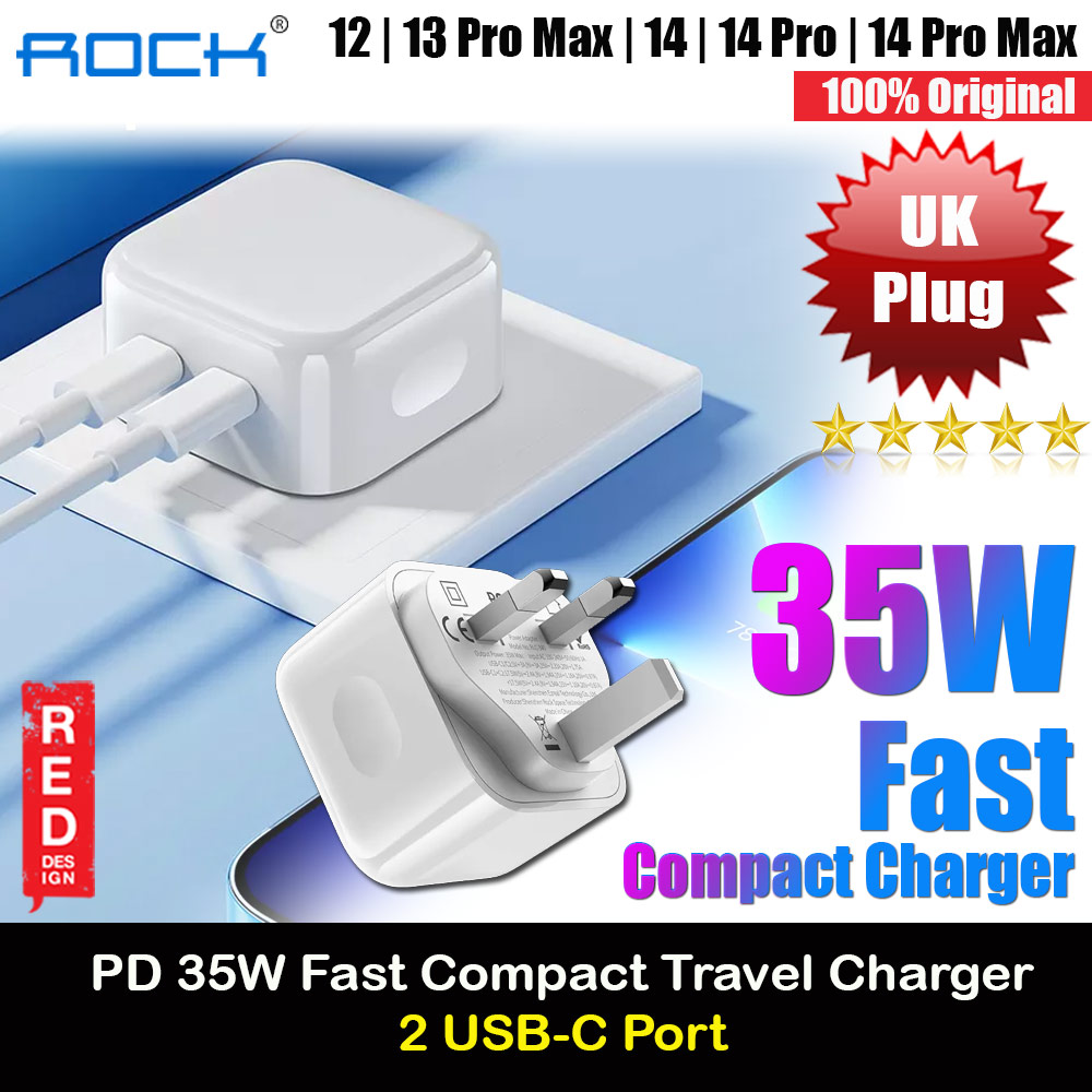 Picture of Rock Dual Port USB C PD 35W Compact Travel Charger Super Charge for IOS Android Samsung iPhone 12 Pro Max 13 Pro Max 15 Pro Max 16 Pro Max (White UK Plug) Red Design- Red Design Cases, Red Design Covers, iPad Cases and a wide selection of Red Design Accessories in Malaysia, Sabah, Sarawak and Singapore 