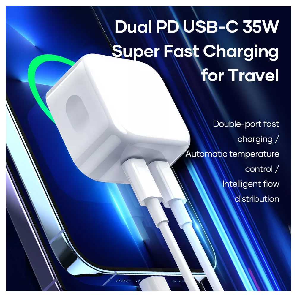 Picture of Rock Dual Port USB C PD 35W Compact Travel Charger Super Charge for IOS Android Samsung iPhone 12 Pro Max 13 Pro Max 15 Pro Max 16 Pro Max (White UK Plug)