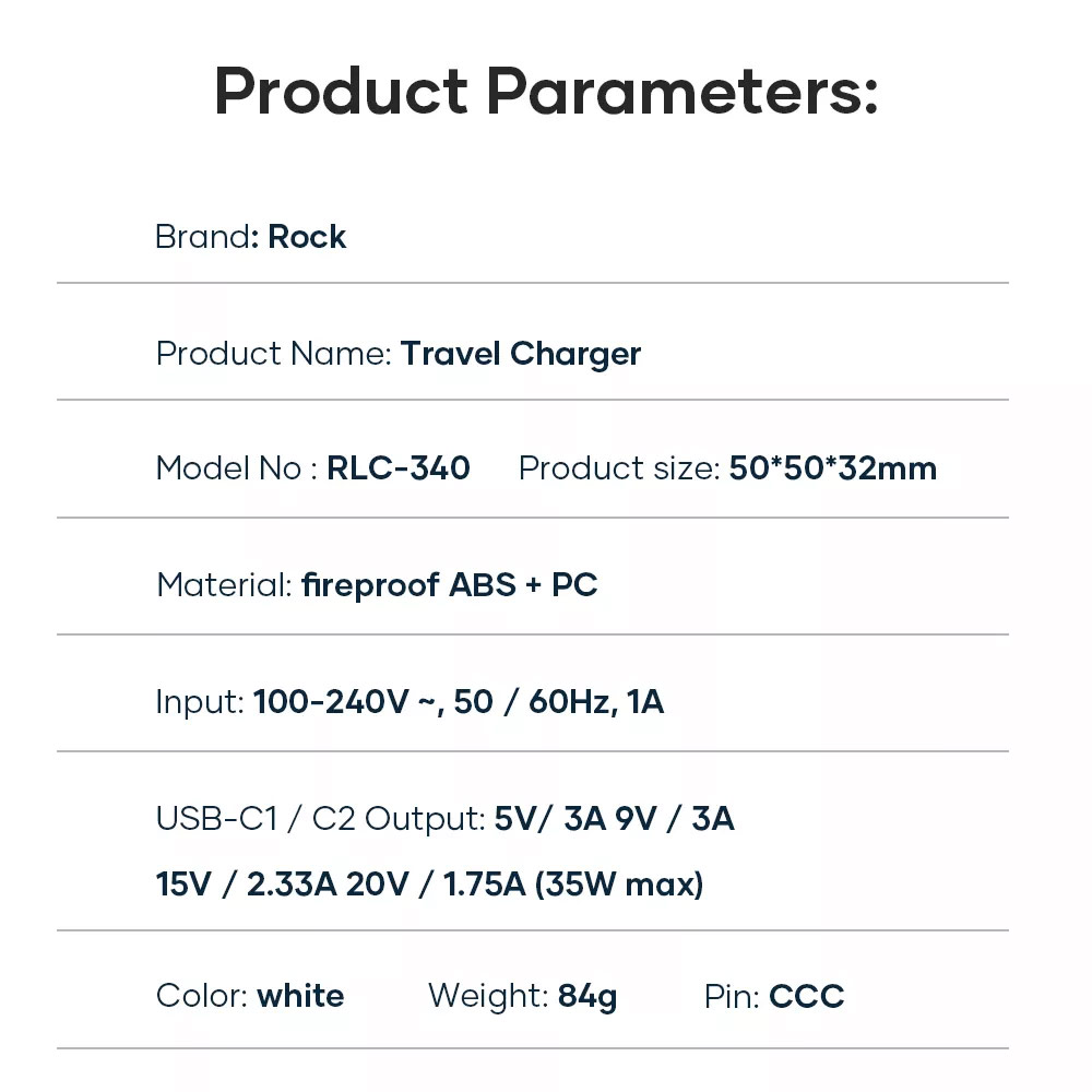 Picture of Rock Dual Port USB C PD 35W Compact Travel Charger Super Charge for IOS Android Samsung iPhone 12 Pro Max 13 Pro Max 15 Pro Max 16 Pro Max (White UK Plug)