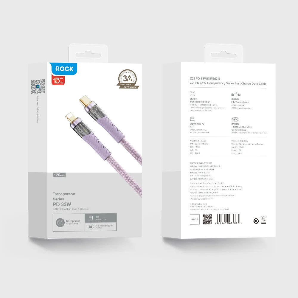 Picture of ROCK Z21 PD 33W Transparent Series Fast Charging Data Cable USB-C to Lightning Cable (Purple)