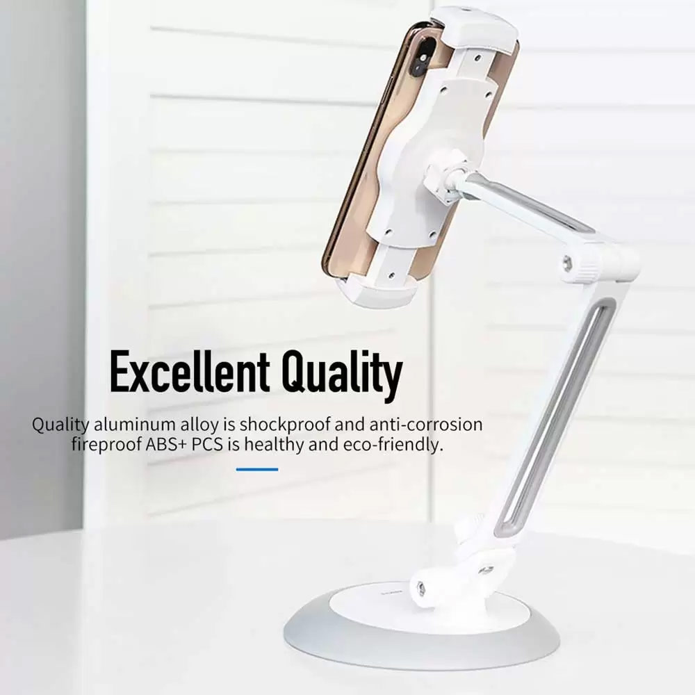 Picture of Rock Aluminum alloy Metal Universal Adjustable Long Arm Desktop Phone iPad Tablet Holder Stand for 4 to 10.5 inches (White)