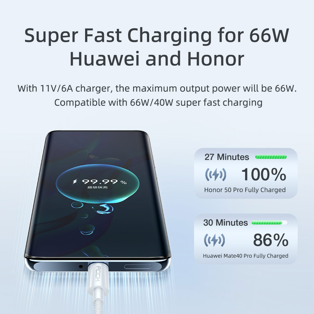 Picture of ROCK USB A to C 66W 6A Fast Charge Flash Charge Cable for Huawei Honor Xiaomi Samsung Galaxy Ultra 22 (White)