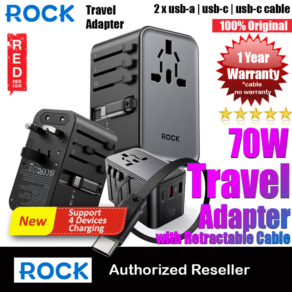 Picture of Rock Go Travel PD 70W Power Delivery Gan Fast Charge Universal Travel Adapter Charger with 2 USB A 1 USB C 1 Built in USB C Cable Smart Charging Surge Protected Charger (Black) Red Design- Red Design Cases, Red Design Covers, iPad Cases and a wide selection of Red Design Accessories in Malaysia, Sabah, Sarawak and Singapore 