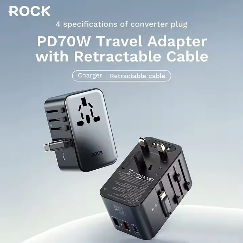 Picture of Rock Go Travel PD 70W Power Delivery Gan Fast Charge Universal Travel Adapter Charger with 2 USB A 1 USB C 1 Built in USB C Cable Smart Charging Surge Protected Charger (Black)