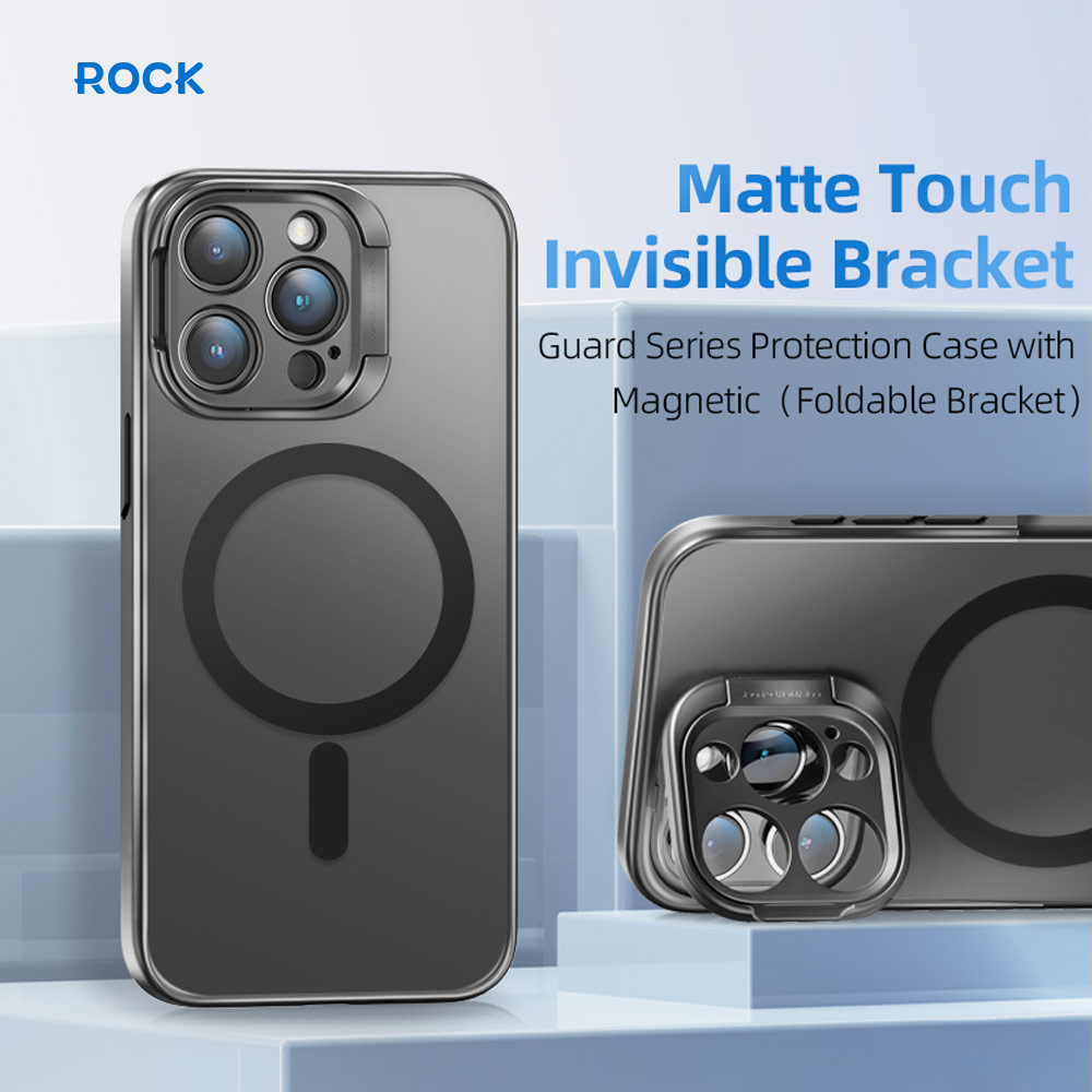 Picture of Apple iPhone 15 Pro Max 6.7 Case | Rock Guard Foldable Lens Bracket Kickstand Magnetic Drop Protection Case for iPhone 15 Pro Max 6.7 (Blue)
