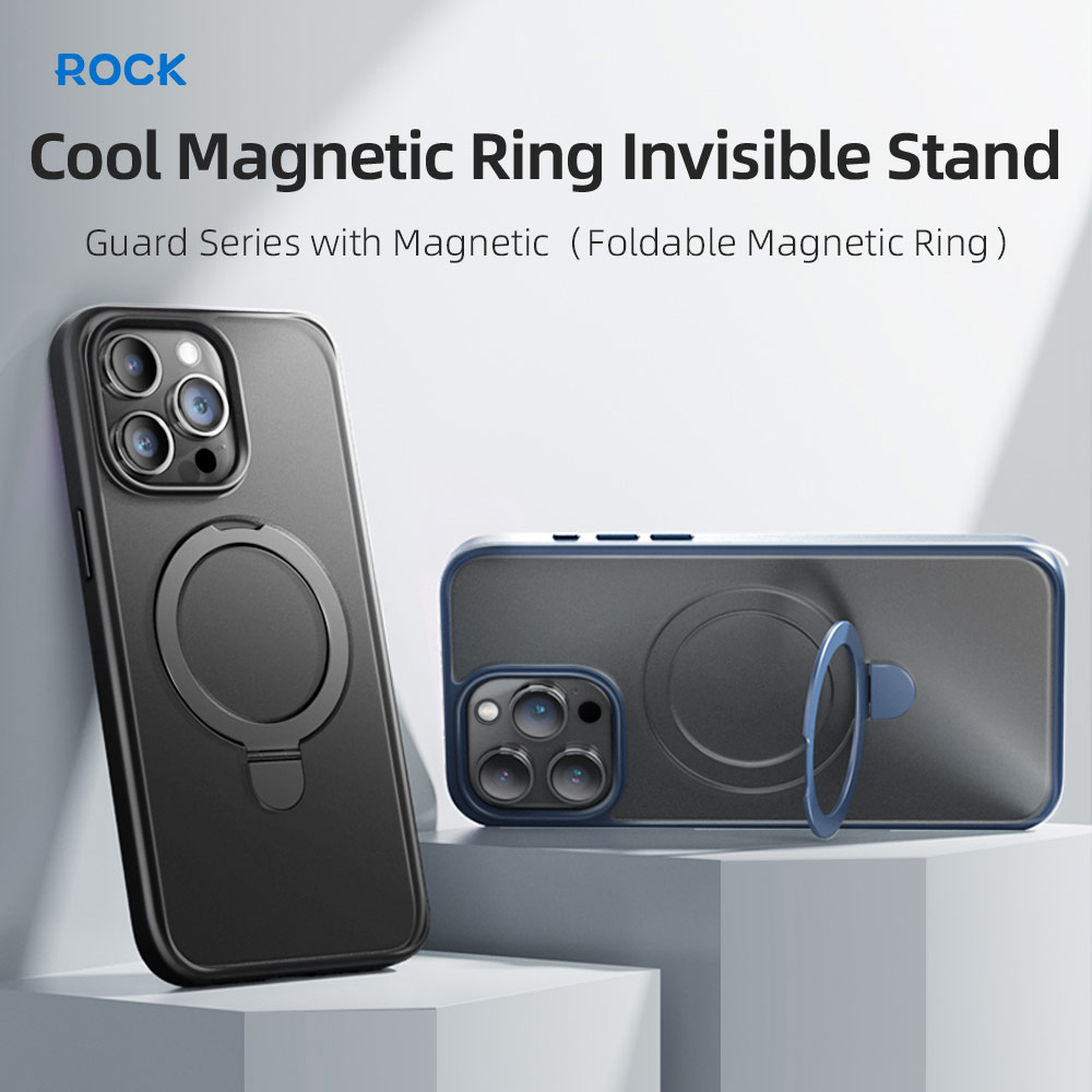 Picture of Apple iPhone 15 Pro 6.1 Case | Rock Guard Magnetic Foldable Ring Stand Drop Protection Case for iPhone 15 Pro 6.1 (Matte Titanium Blue)