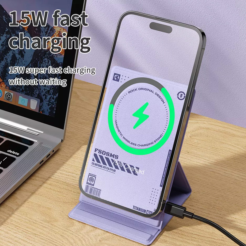 Picture of ROCK W50 PU Leather Phone Holder Stand with Magnetic Wireless Charging Fast Wireless Charger 15W Max for IPhone 14 Pro Max 13 Pro Max 12 Pro Max (Purple)